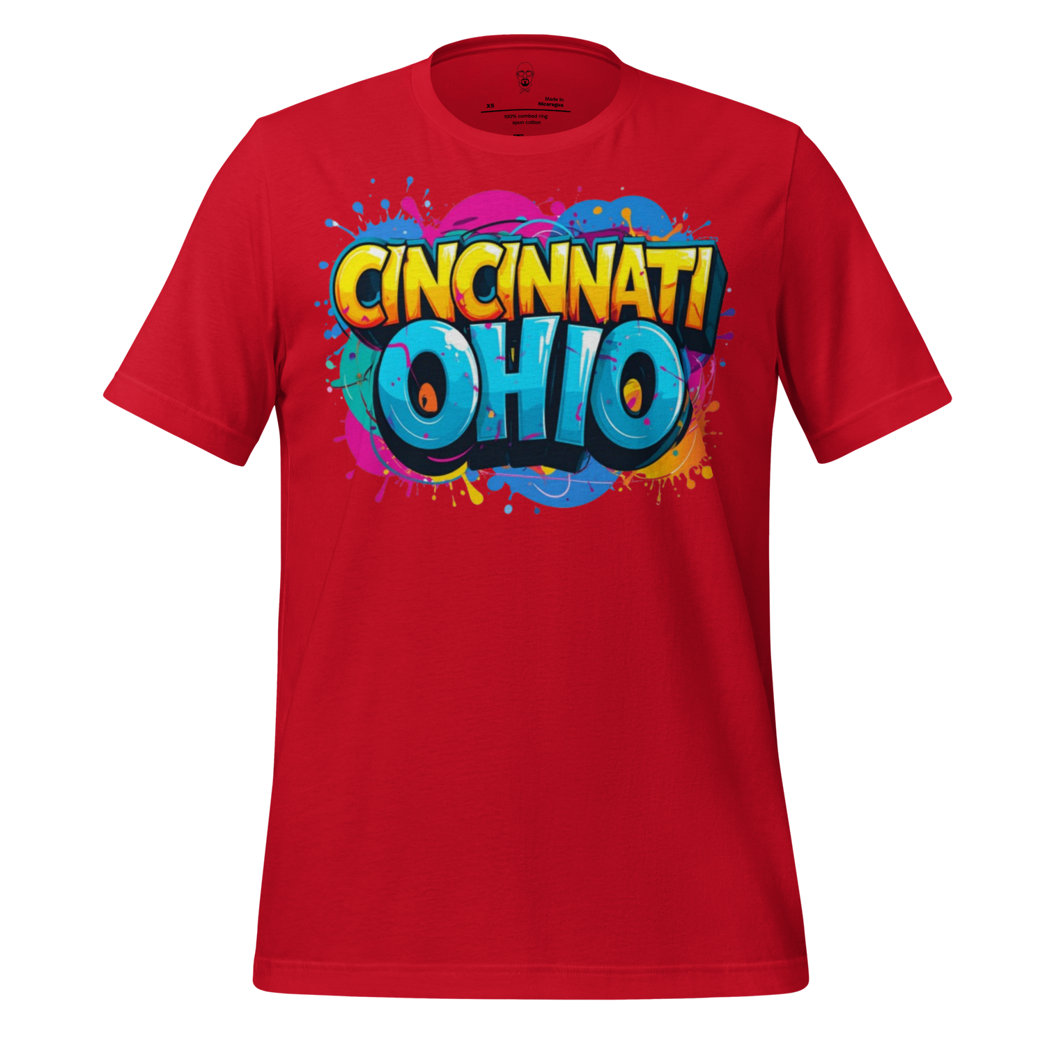 Red cotton Cincinnati Ohio t-shirt with colorful graffiti-style text design by JMK Drip