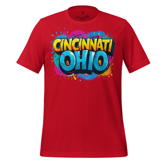 Red cotton Cincinnati Ohio t-shirt with colorful graffiti-style text design by JMK Drip