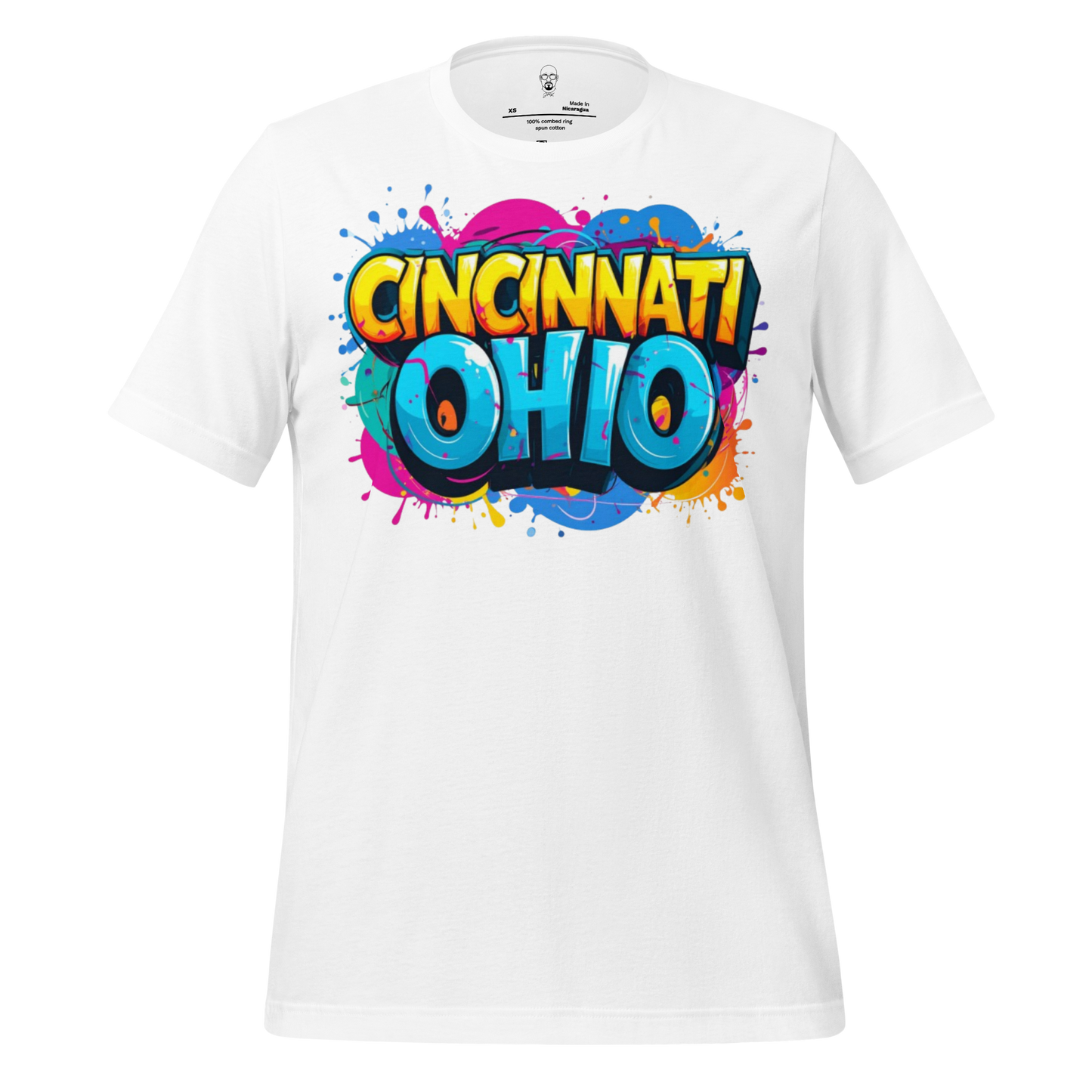 White Cincinnati Ohio t-shirt with colorful graffiti-style text design from JMK Drip