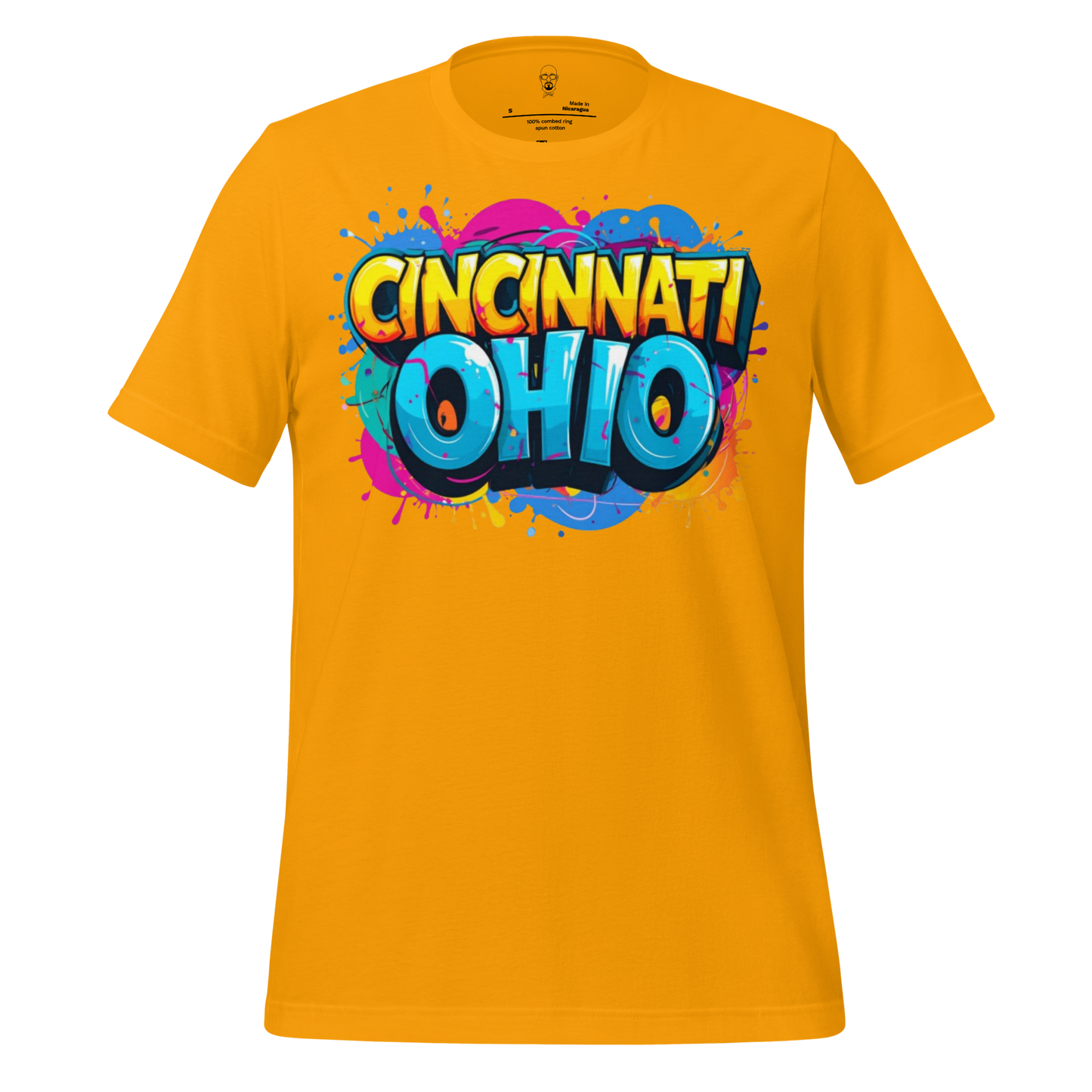 Bright yellow Cincinnati Ohio t-shirt with colorful graffiti style text graphic on front