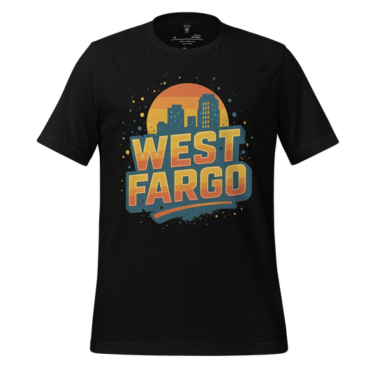 JMK Drip West Fargo Graphic T Shirt with retro city skyline and sunset design on black fabric