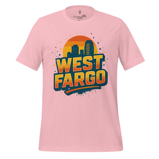 Pink West Fargo Graphic T-Shirt with city skyline and sunset design by JMK Drip