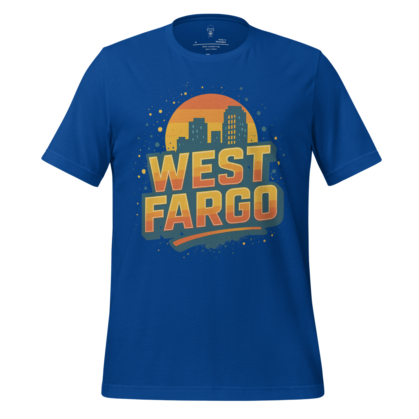 Blue West Fargo Graphic T-Shirt with city skyline and sunset design by JMK Drip