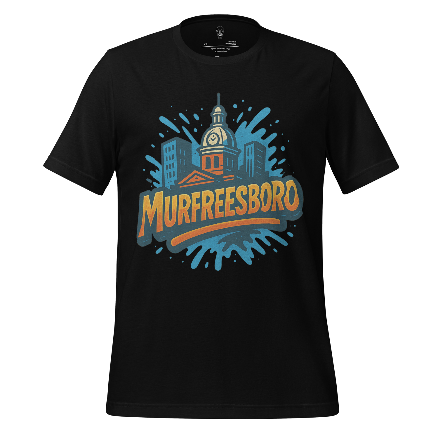 Black JMK Drip Murfreesboro t-shirt with colorful cityscape and clock tower graphic design
