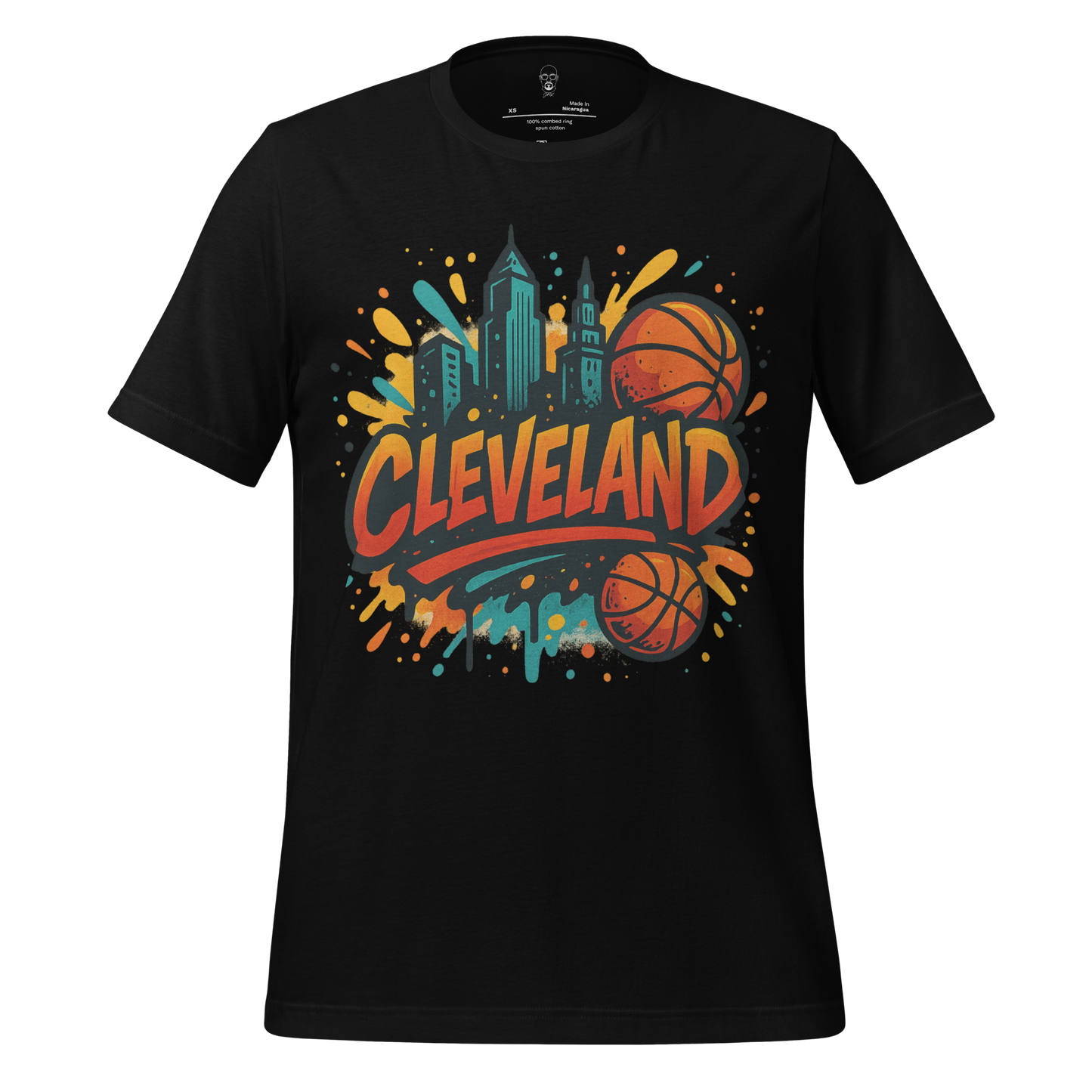 Black Cleveland Graphic T-Shirt with colorful city skyline and basketball design