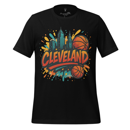 Black Cleveland Graphic T-Shirt with colorful city skyline and basketball design