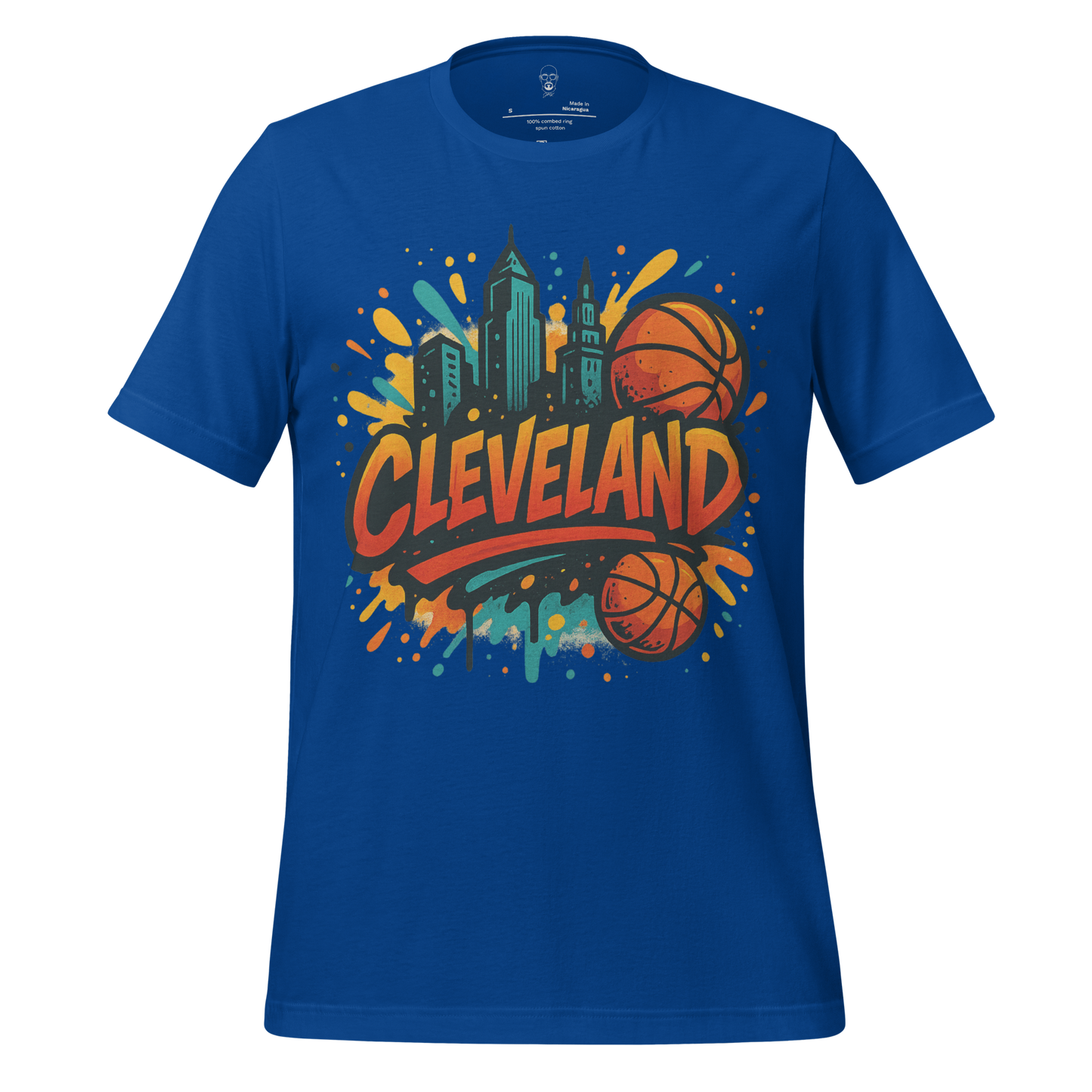 Blue Cleveland Graphic T-Shirt featuring city skyline and basketball design by JMK Drip