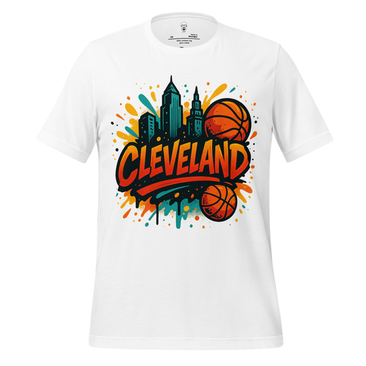 White JMK Drip Cleveland Graphic T-Shirt with colorful city skyline and basketball design