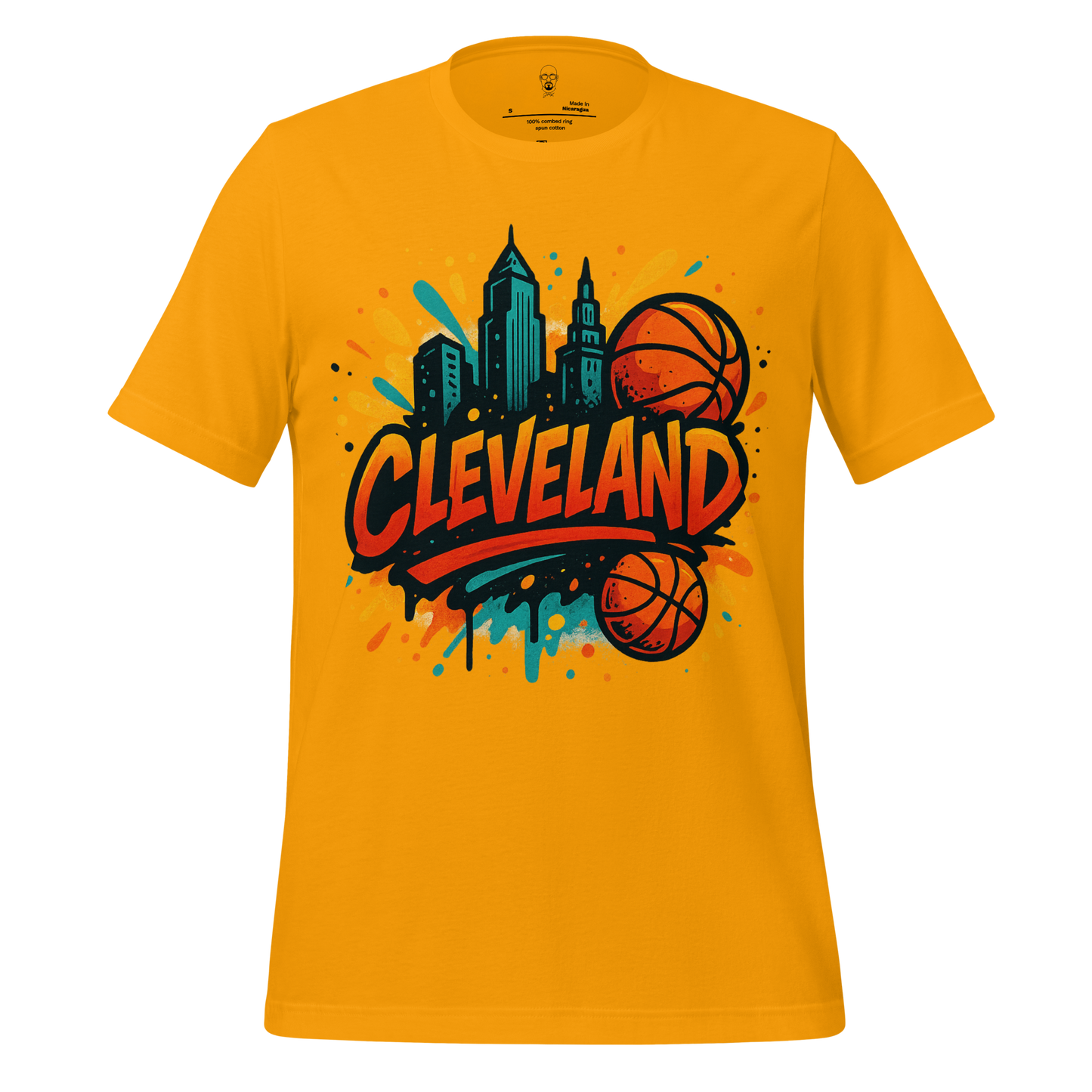 JMK Drip Cleveland Graphic T-Shirt in yellow with city skyline and basketball design