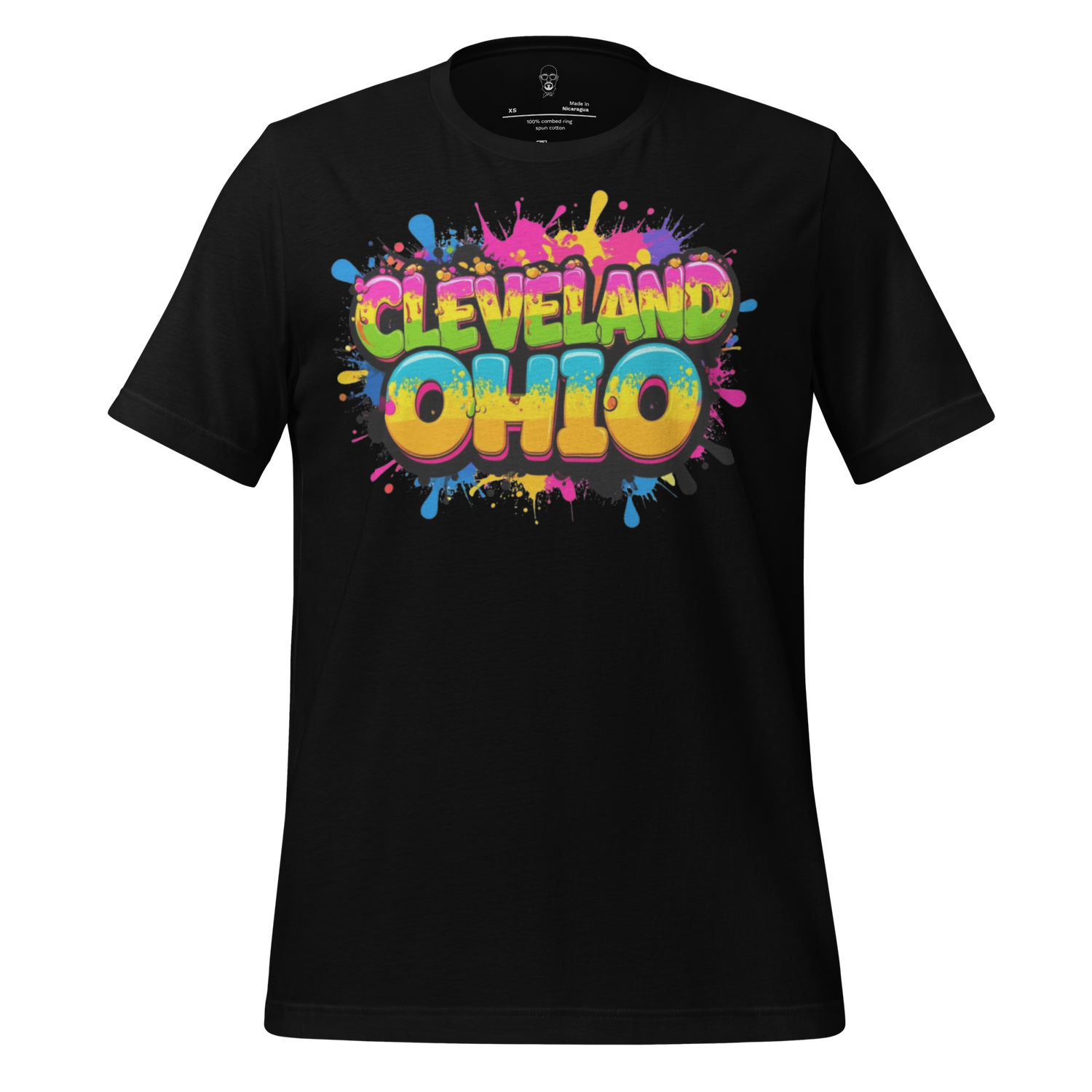Black JMK Drip Cleveland Ohio graphic t-shirt with colorful paint splash design