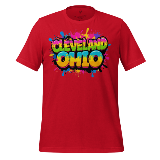 JMK Drip red Cleveland Ohio graphic t-shirt with colorful paint splatter design