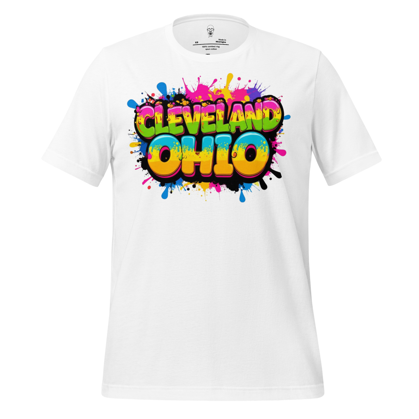 White t-shirt with colorful Cleveland Ohio graphic t-shirt design and paint splatter artwork
