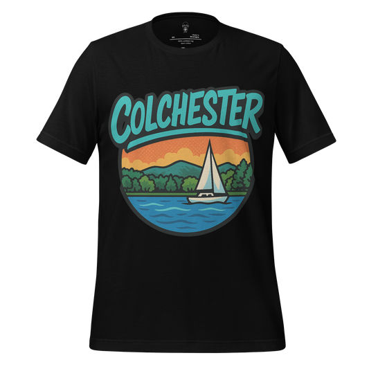 Black Colchester graphic t-shirt by JMK Drip featuring a sailboat on water with sunset and trees design