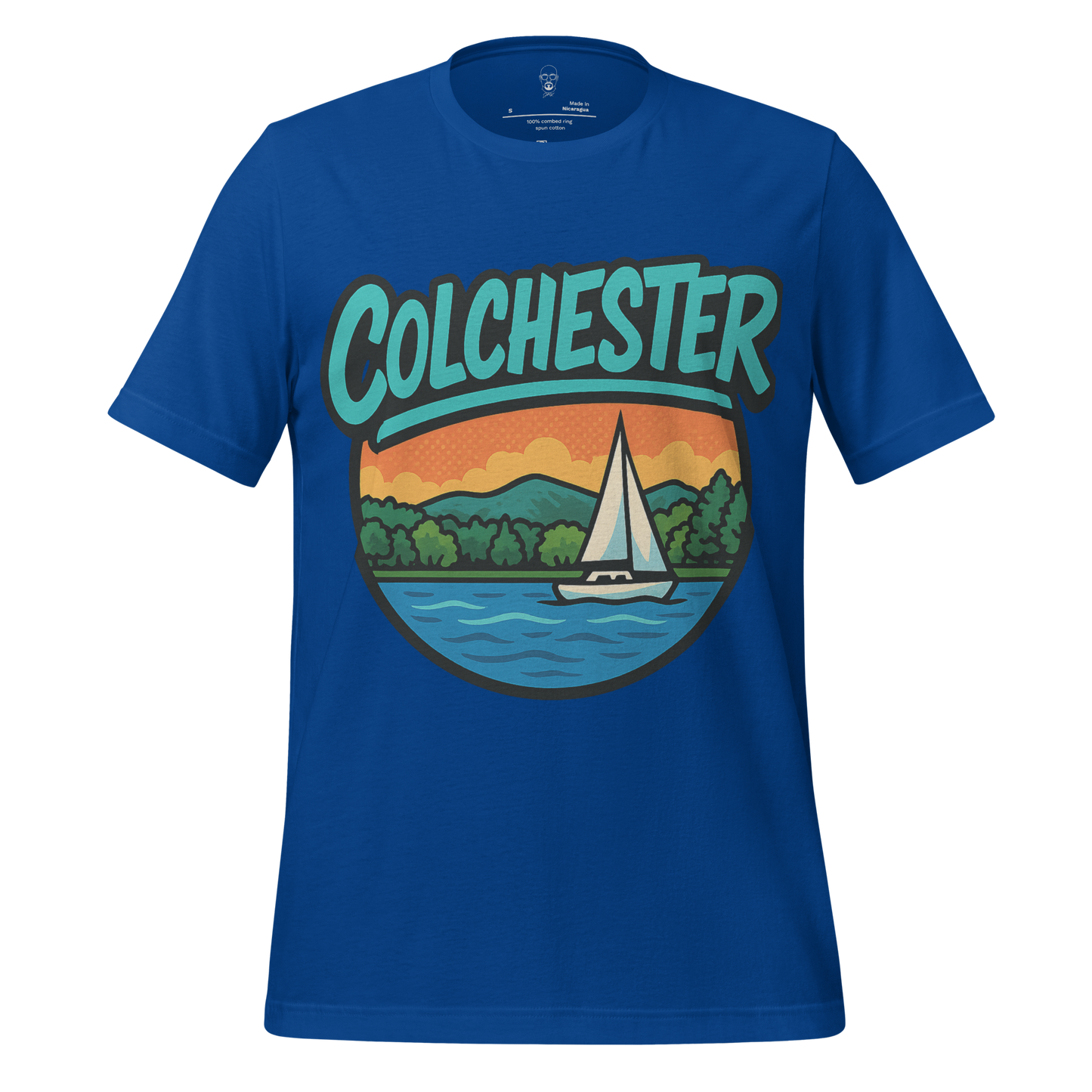 JMK Drip blue Colchester graphic t-shirt with sunset, sailboat, and water illustration