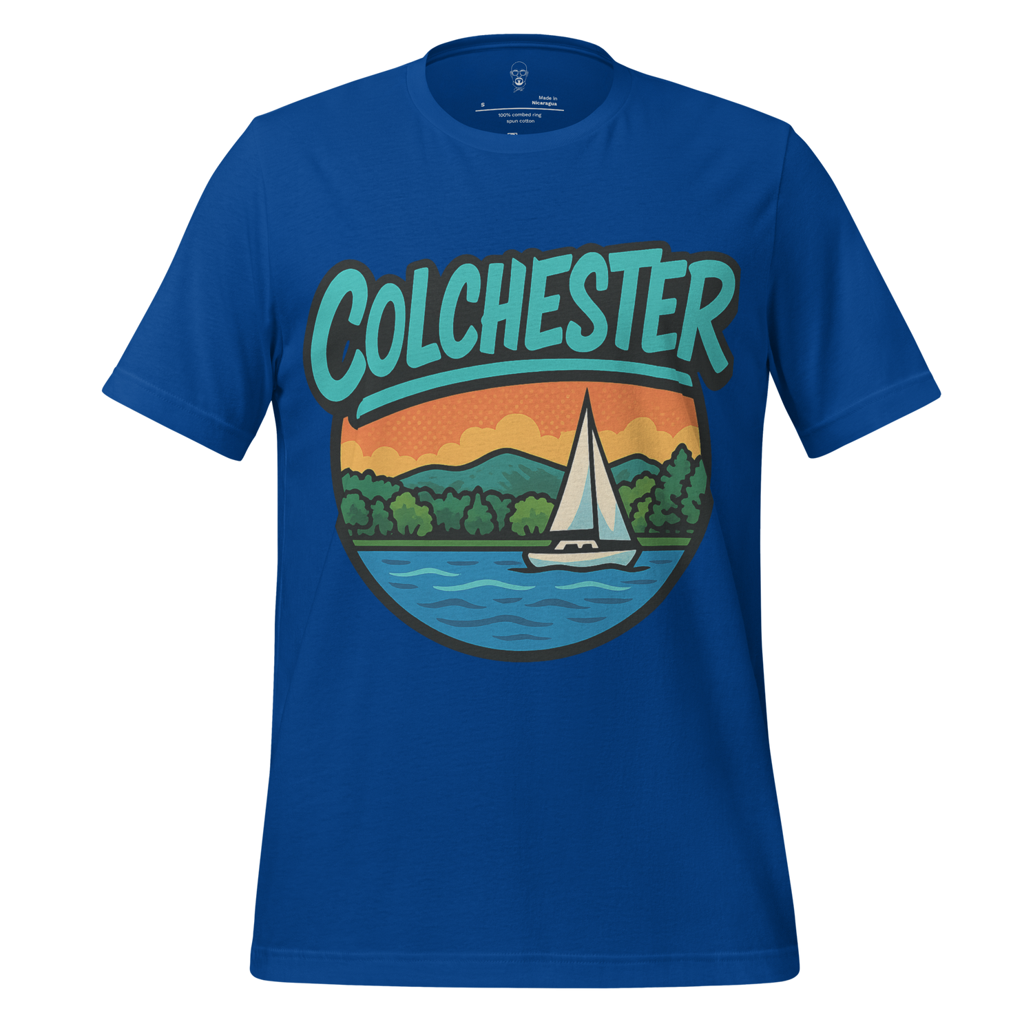 JMK Drip blue Colchester graphic t-shirt with sunset, sailboat, and water illustration