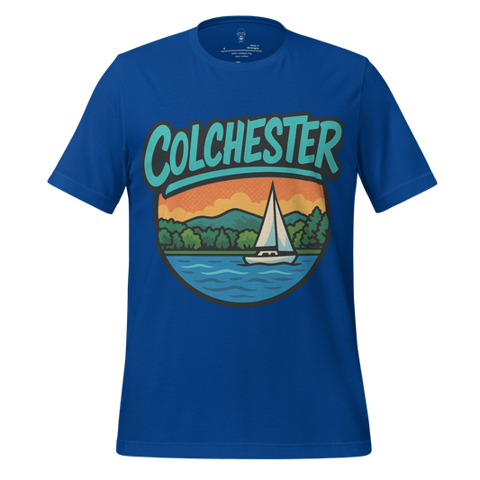 JMK Drip blue Colchester graphic t-shirt with sunset, sailboat, and water illustration