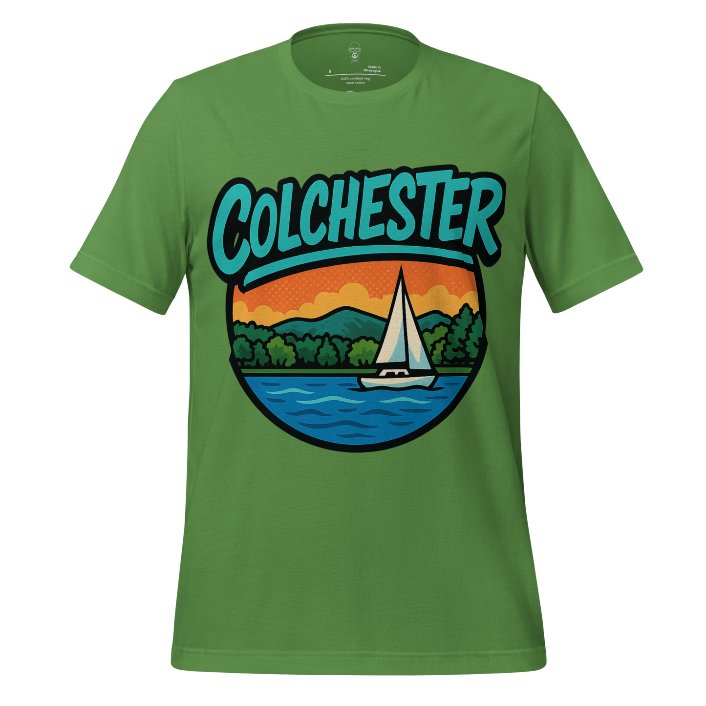 Green Colchester graphic t-shirt with colorful sailboat and sunset design on front