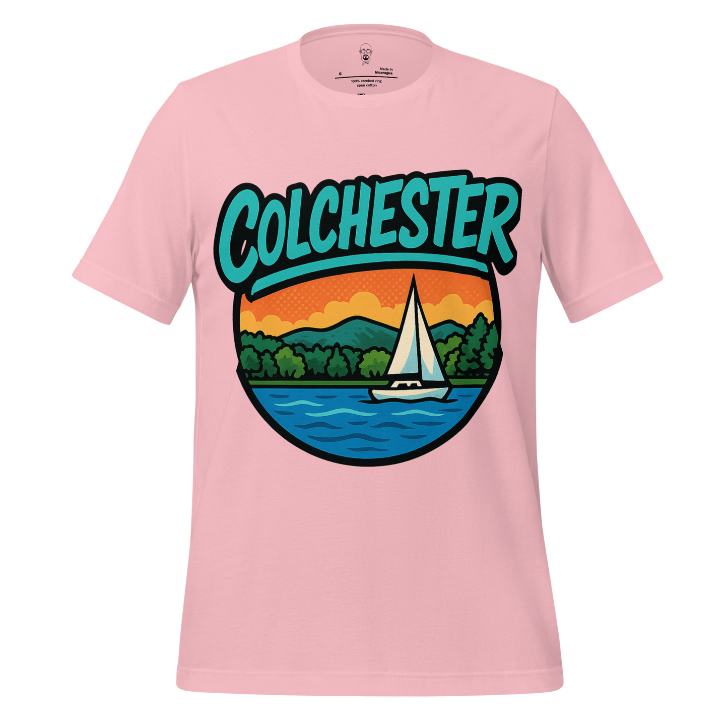 Pink Colchester graphic t-shirt with colorful sailboat and sunset design on front