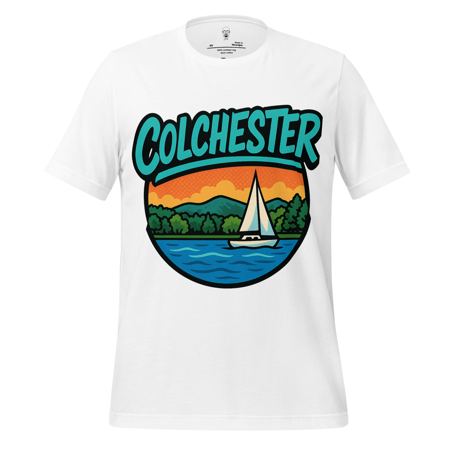 White Colchester graphic t-shirt by JMK Drip featuring a sailboat and landscape design