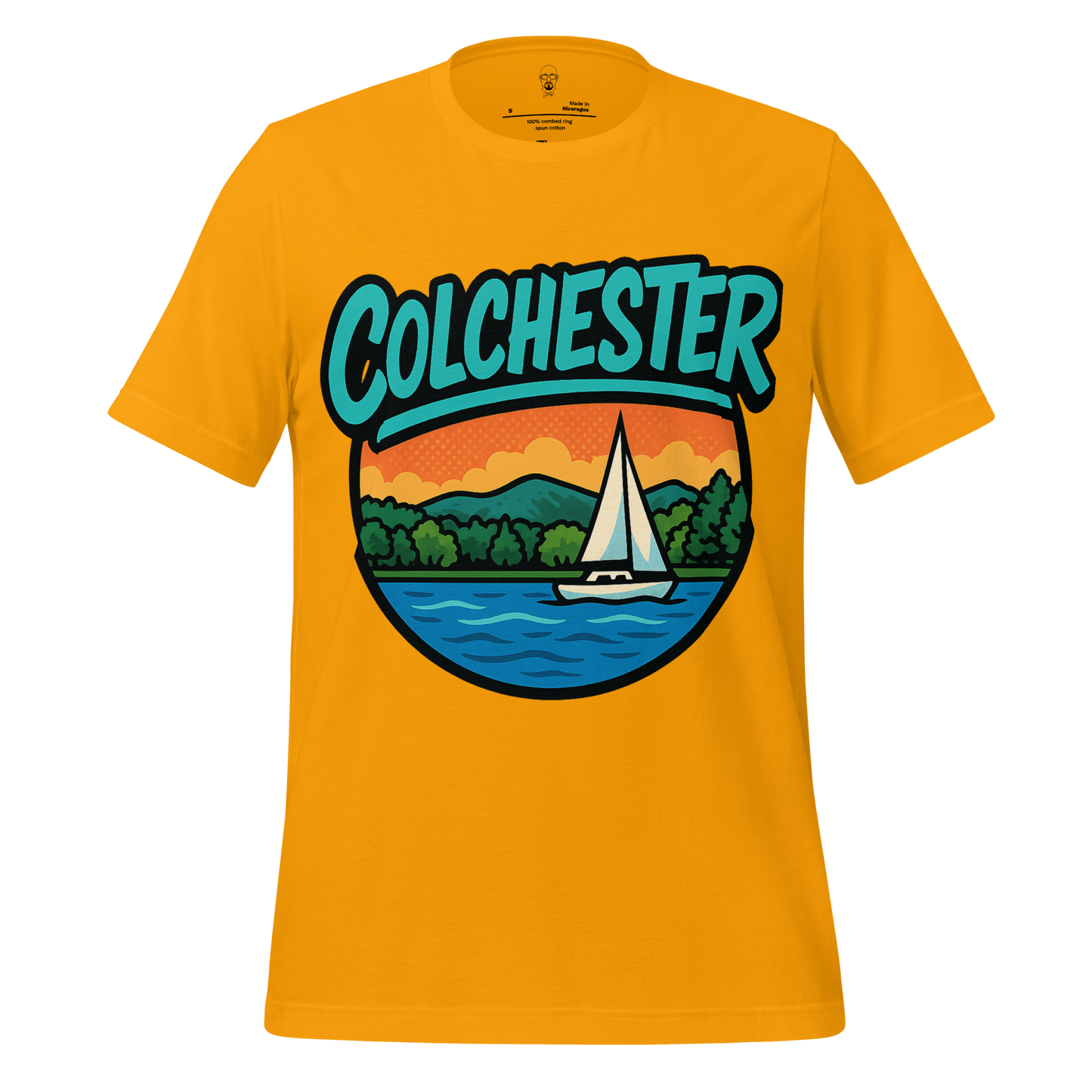 Bright yellow Colchester graphic t-shirt with sailboat and colorful sunset design