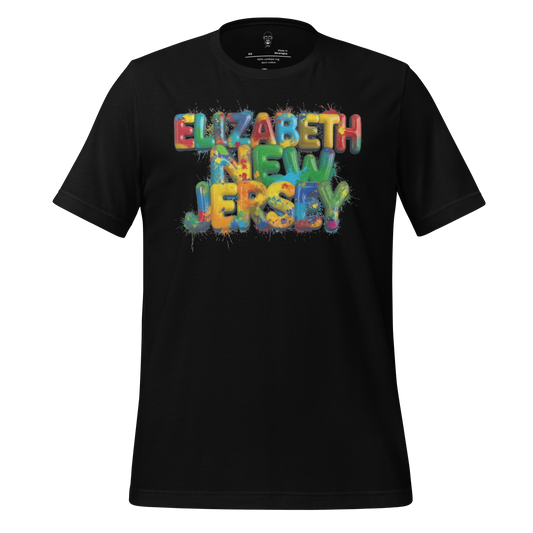 Black Elizabeth New Jersey t-shirt with colorful graffiti style text design by JMK Drip