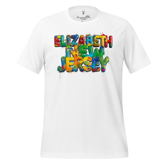 White t-shirt with colorful splash design spelling out Elizabeth New Jersey t-shirt