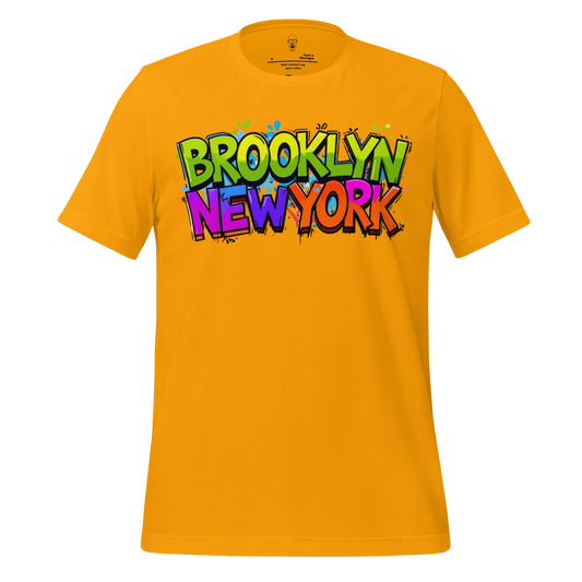 JMK Drip yellow Brooklyn t shirt with colorful graffiti style Brooklyn New York text