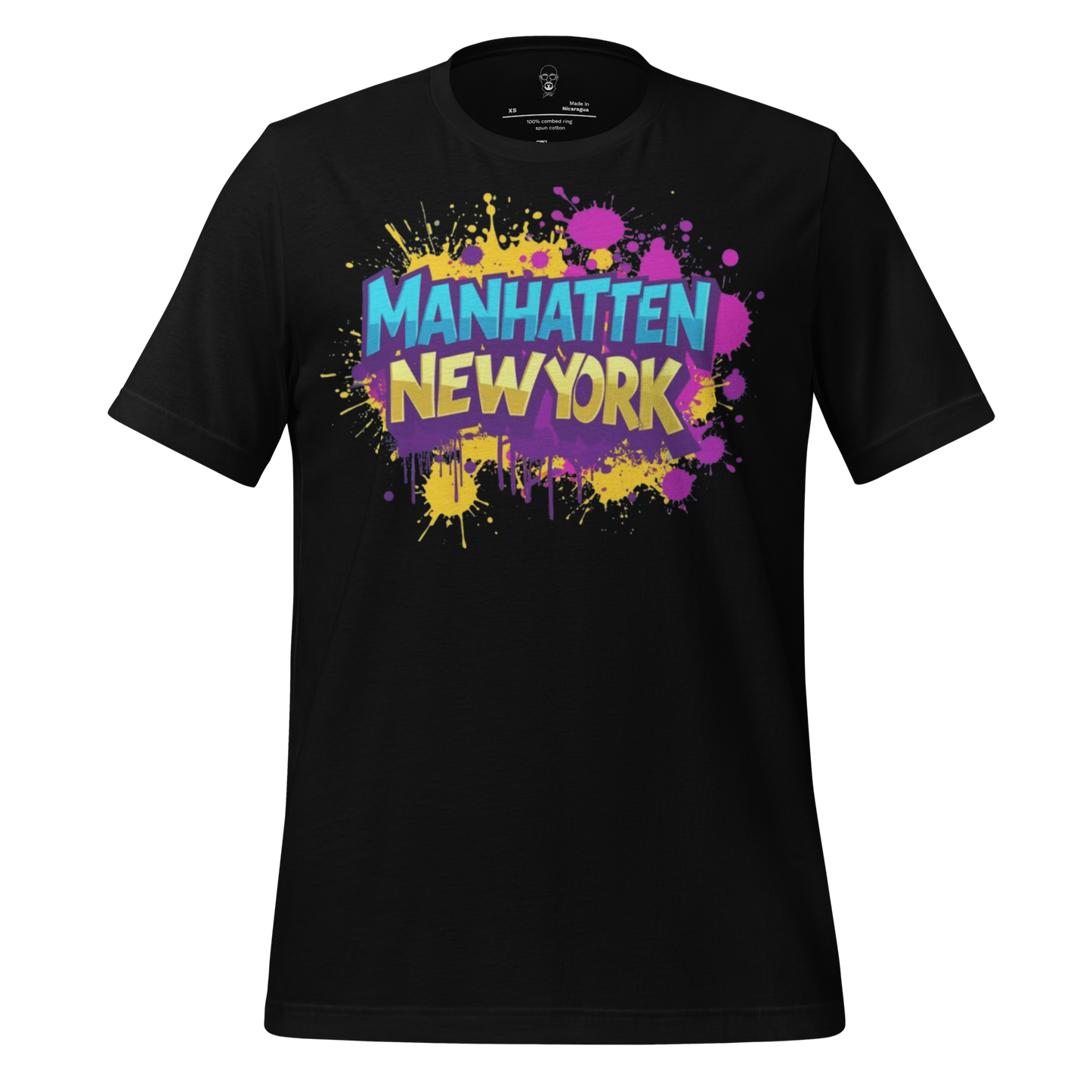 Black JMK Drip Manhattan New York t-shirt with colorful graffiti style text design