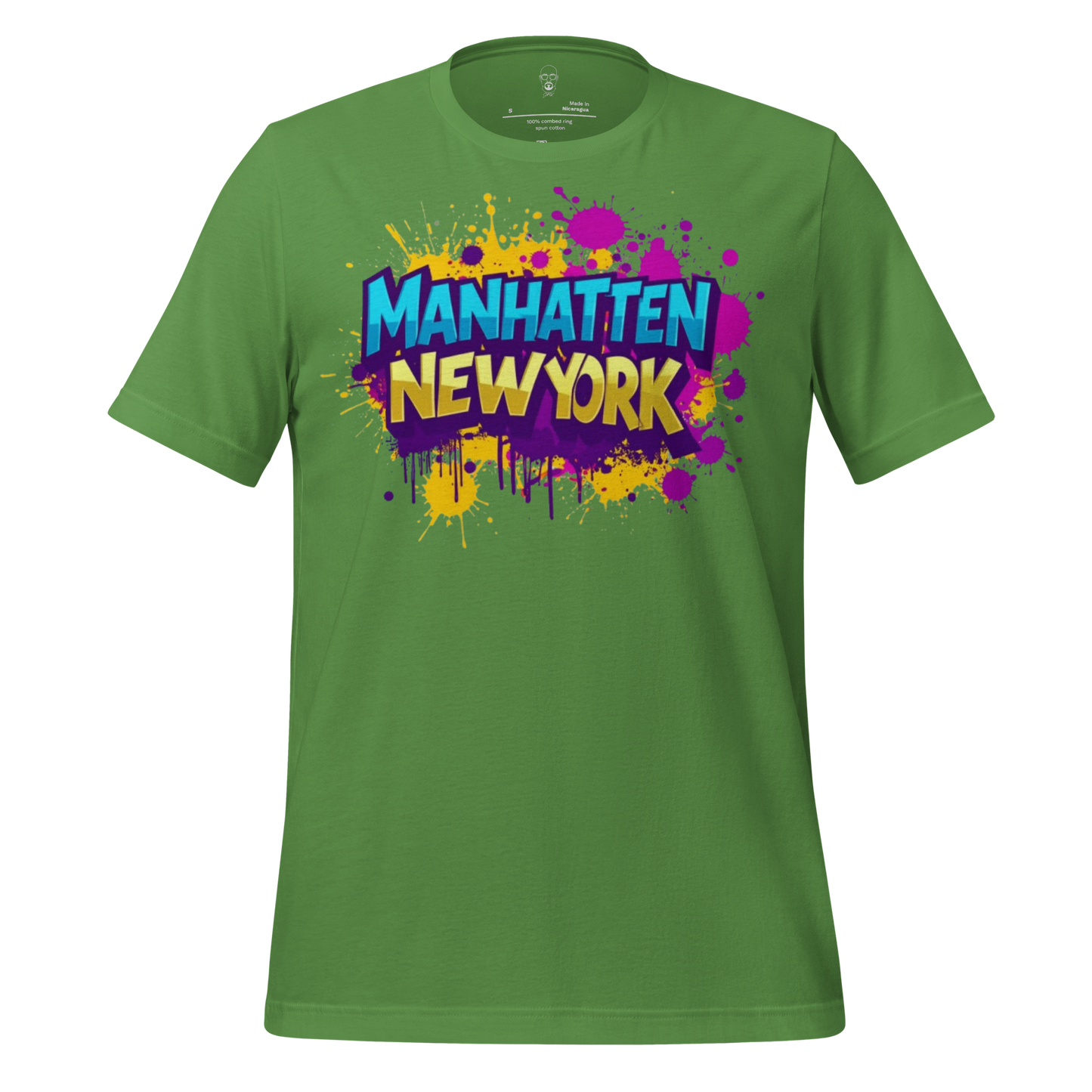 Green JMK Drip t-shirt with colorful graffiti style Manhattan New York t-shirt design on front