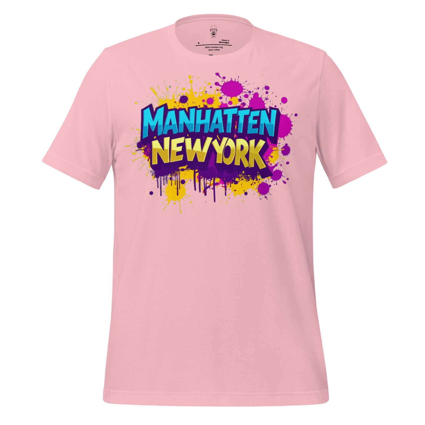 Pink Manhattan New York t-shirt with colorful graffiti style text design