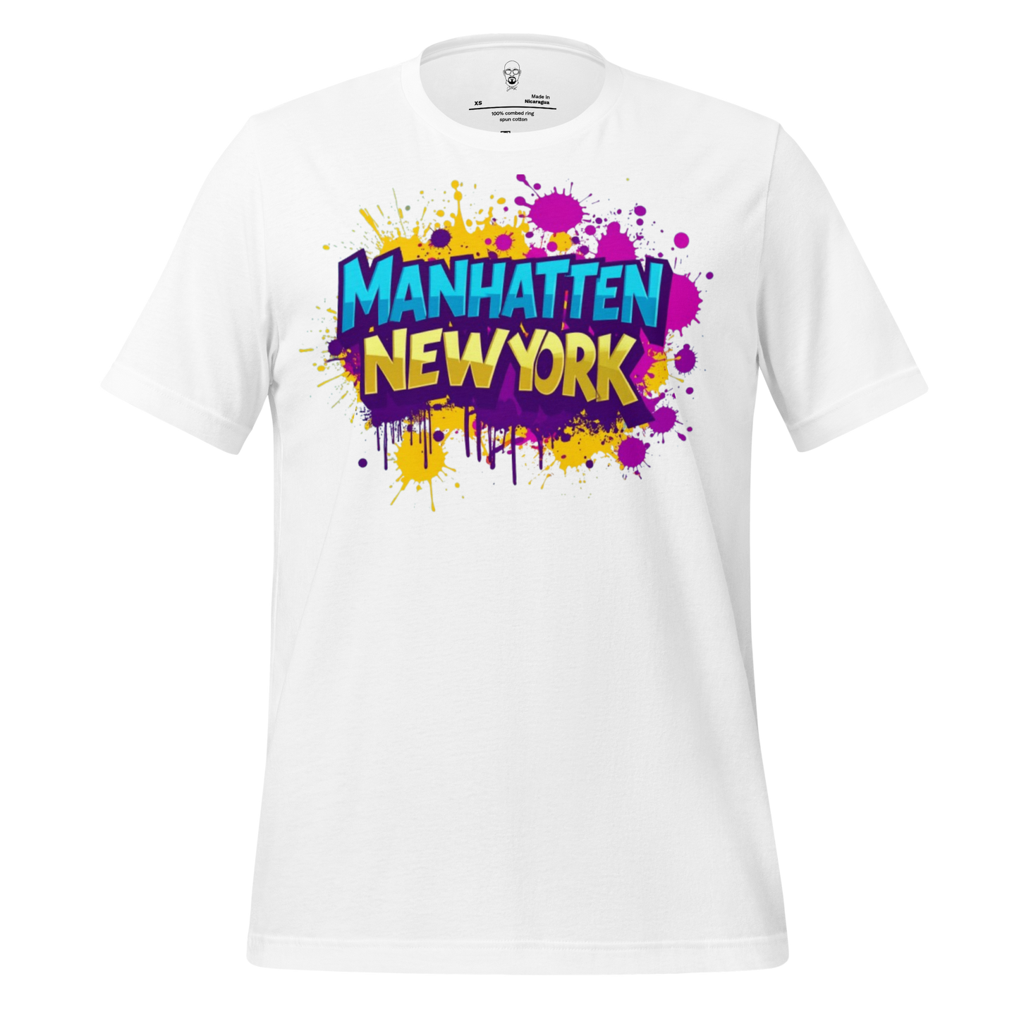 White t-shirt with colorful graffiti style Manhattan New York t-shirt text design by JMK Drip