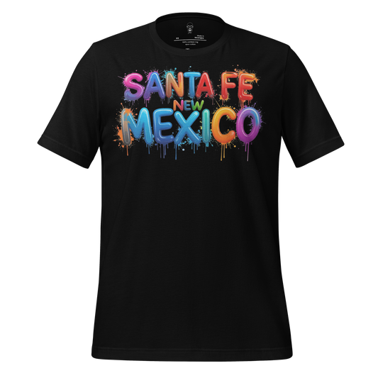 Black t-shirt with colorful graffiti style text reading Santa Fe New Mexico t-shirt by JMK Drip
