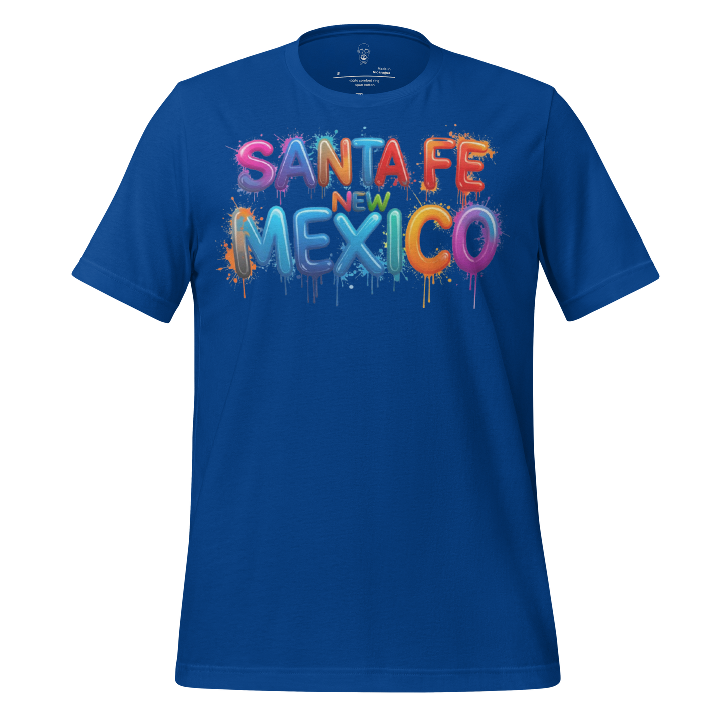 Blue Santa Fe New Mexico t-shirt with colorful graffiti style lettering design