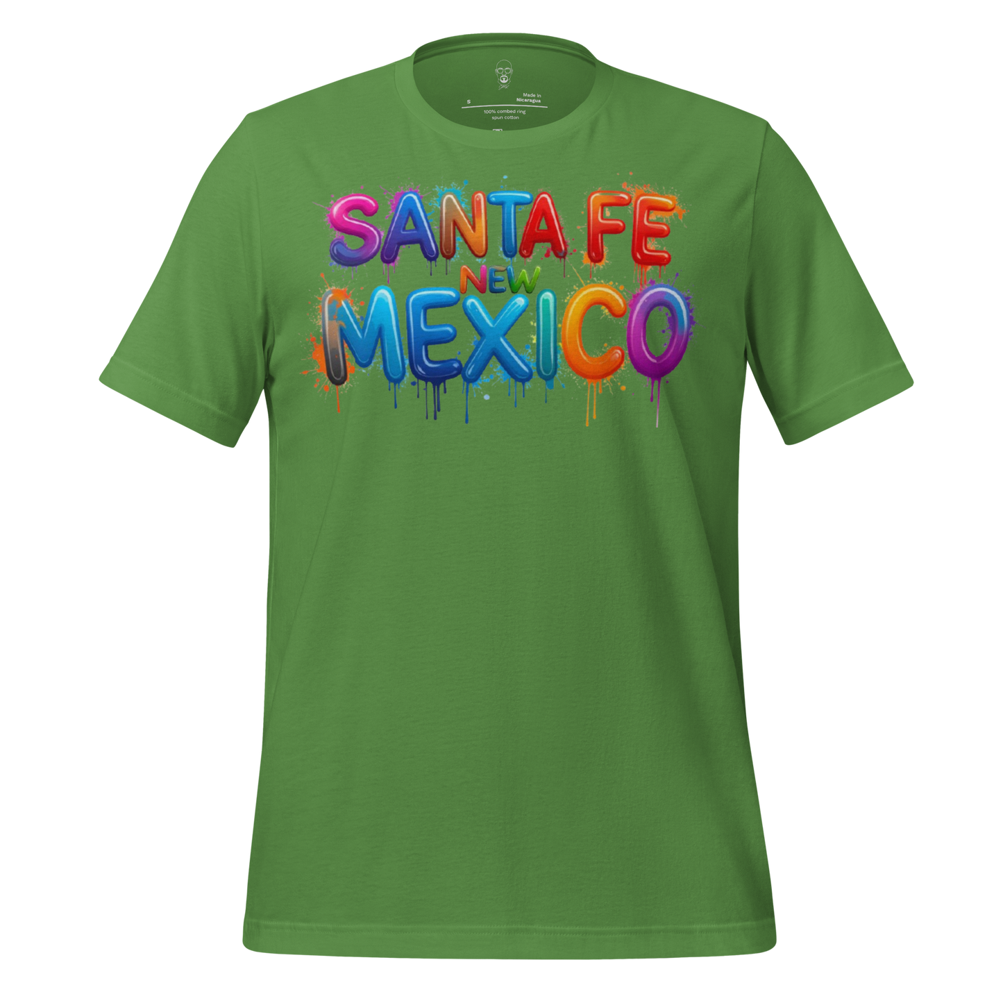 Green Santa Fe New Mexico t-shirt with colorful balloon letters design on front