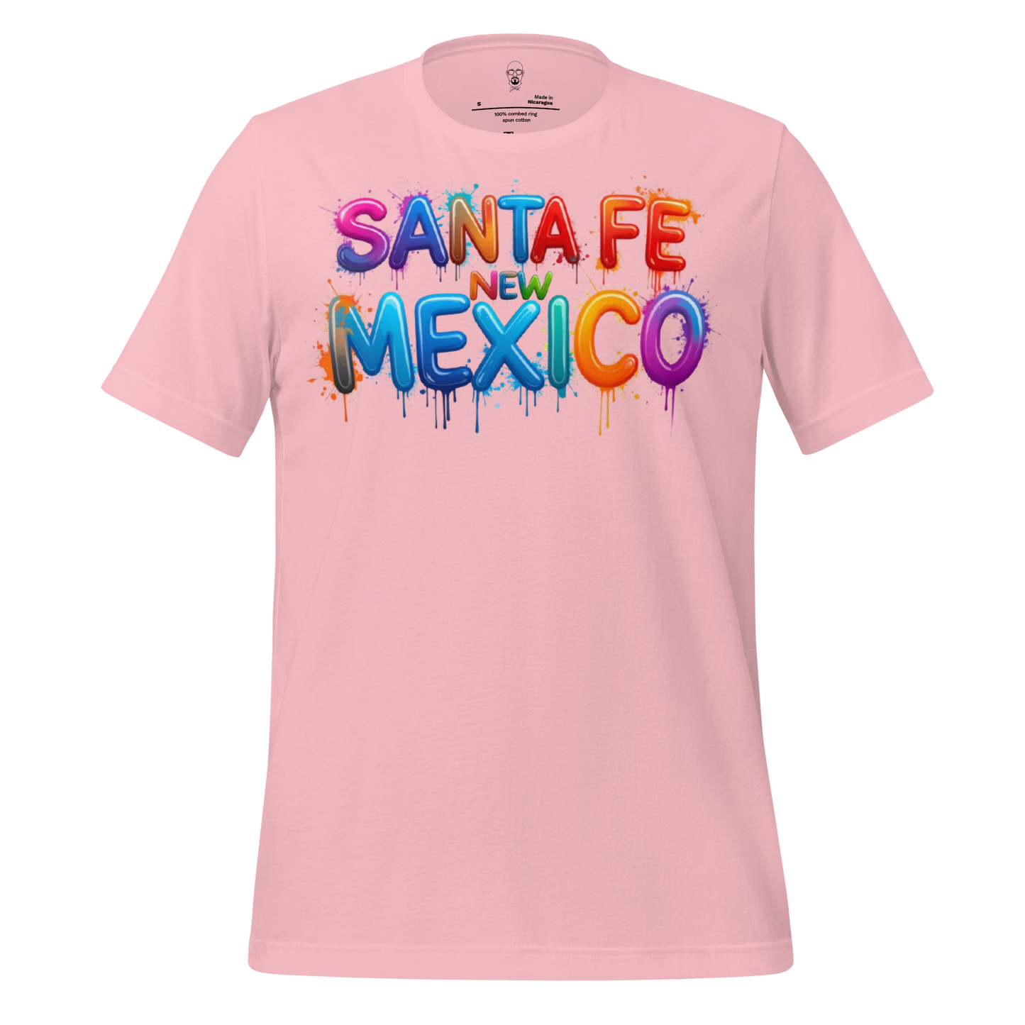Pink t-shirt with colorful graffiti-style Santa Fe New Mexico t-shirt text design by JMK Drip
