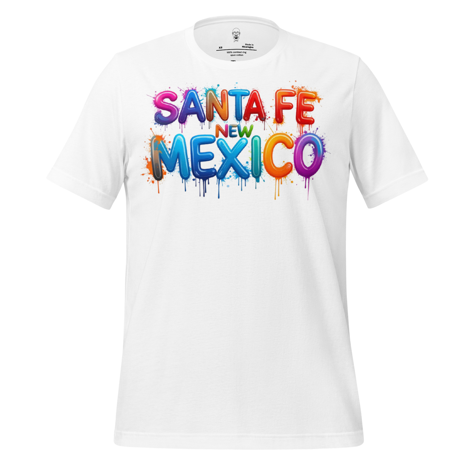 White Santa Fe New Mexico t-shirt with colorful graffiti style text design by JMK Drip