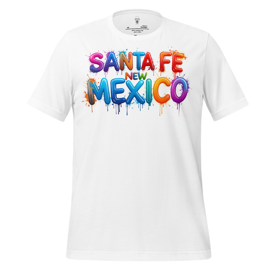 White Santa Fe New Mexico t-shirt with colorful graffiti style text design by JMK Drip