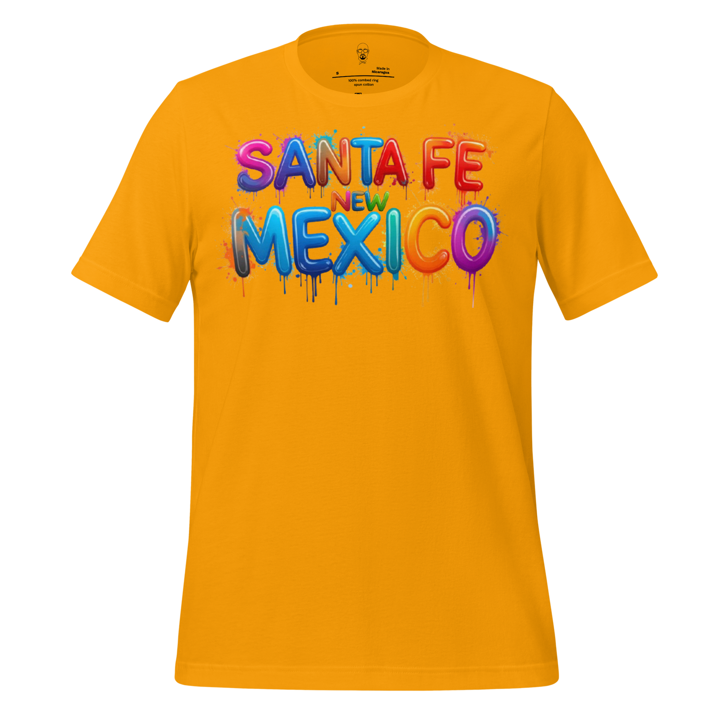 Bright yellow Santa Fe New Mexico t-shirt with colorful balloon-style text design