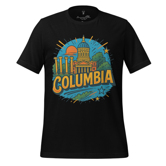 Black T-shirt featuring Columbia, Missouri Graphic T-shirt design with city landmarks and sunset illustration