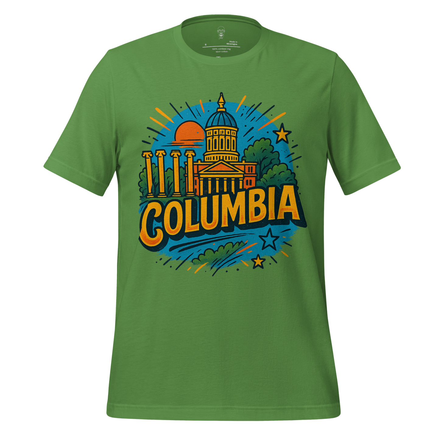 Green Columbia, Missouri Graphic T-Shirt by JMK Drip featuring colorful city landmarks and sun design