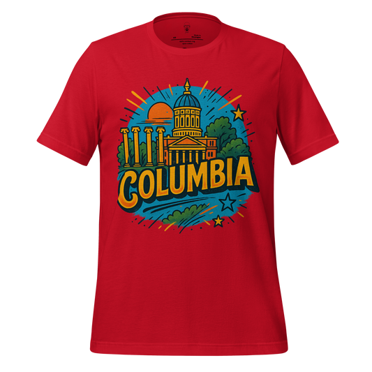 Red Columbia, Missouri Graphic T Shirt with colorful cityscape design by JMK Drip
