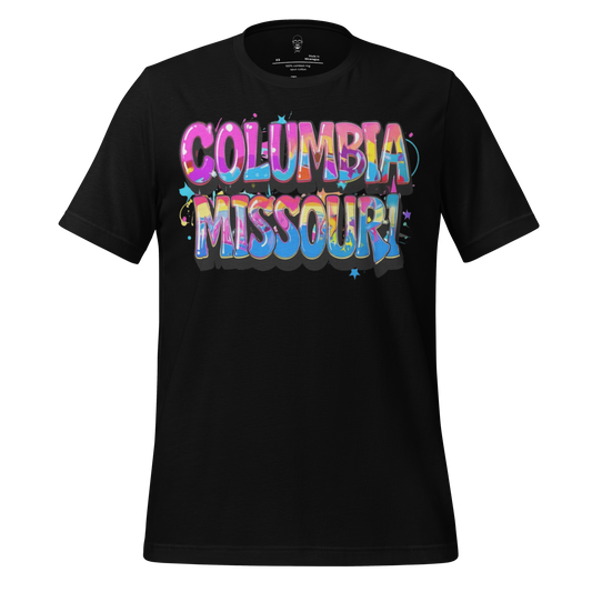 Black Columbia Missouri t-shirt with colorful and playful graphic text design on front