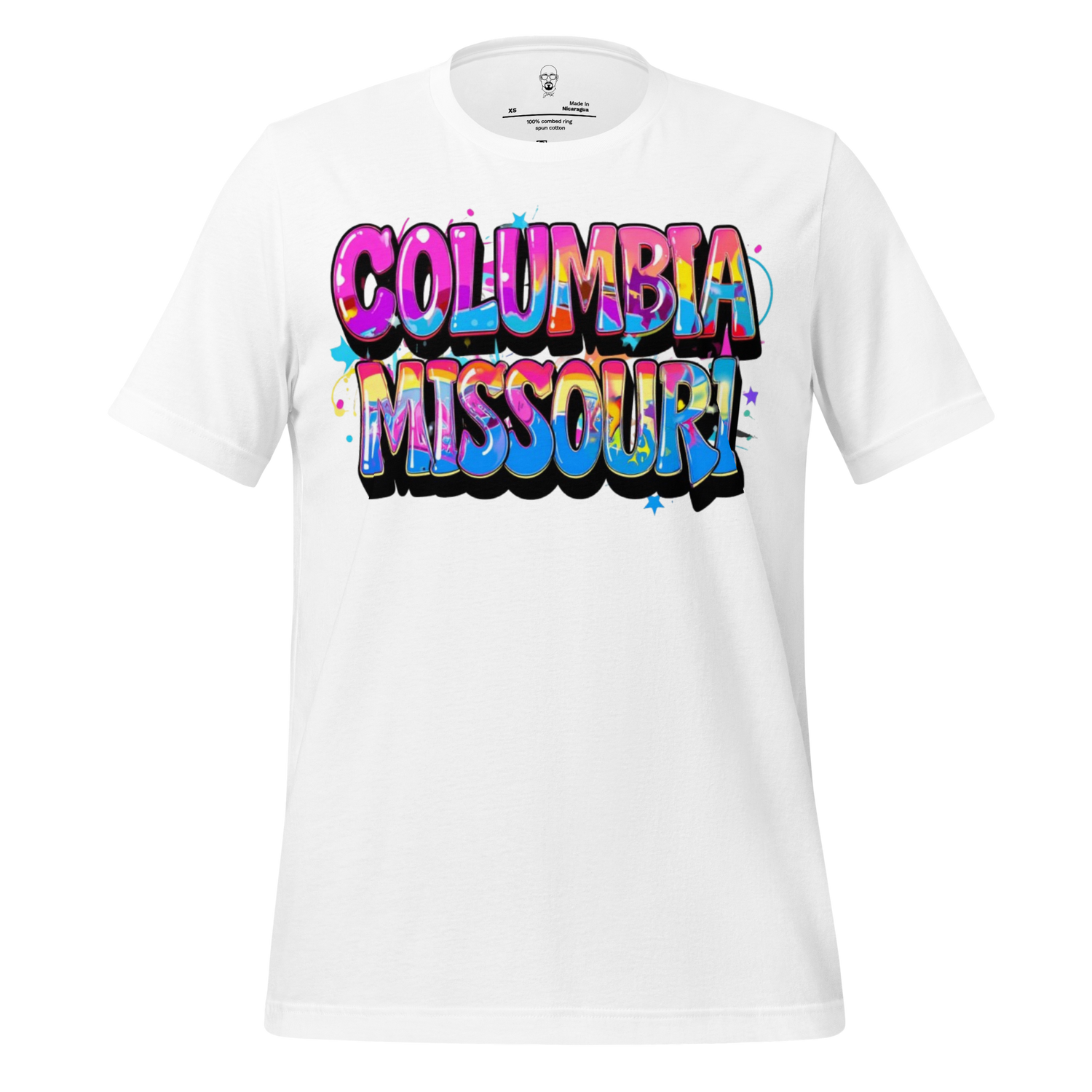White Columbia Missouri t-shirt by JMK Drip with colorful graffiti style text design