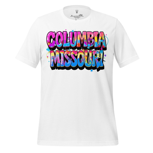 White Columbia Missouri t-shirt by JMK Drip with colorful graffiti style text design