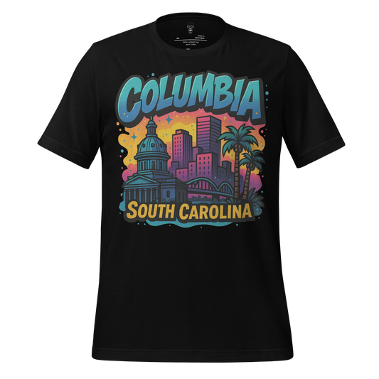 Black Columbia South Carolina t-shirt featuring colorful city skyline and palm trees graphic