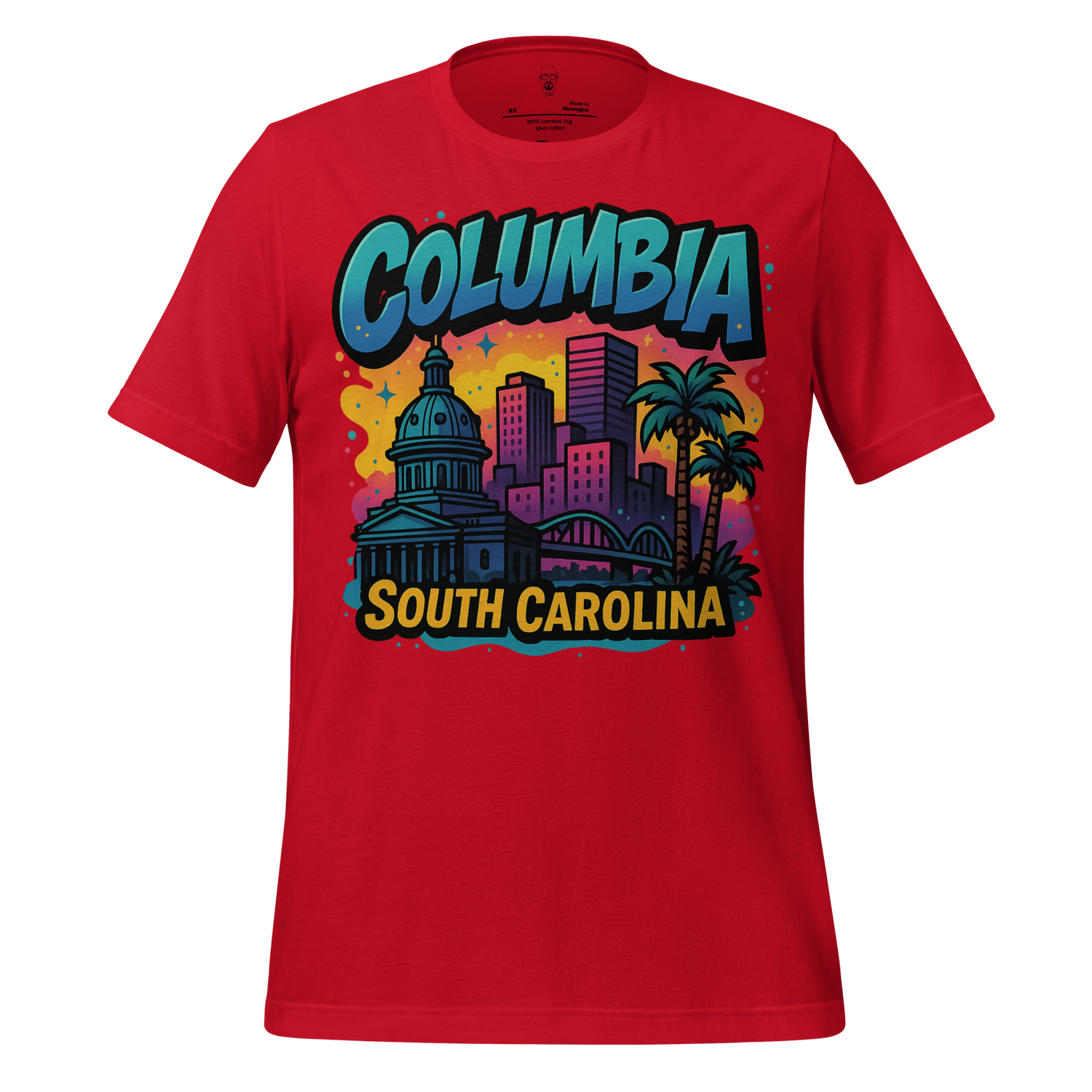 Red Columbia South Carolina t-shirt with colorful city skyline and palm tree graphic