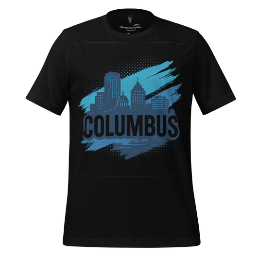 Black Columbus Graphic T-Shirt by JMK Drip with blue city skyline design and bold text