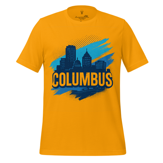 Yellow Columbus Graphic T-Shirt with blue city skyline and bold text design by JMK Drip