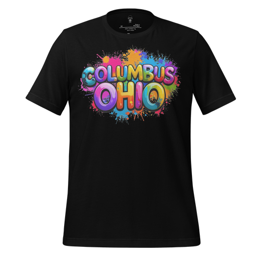 Black Columbus Ohio t-shirt with colorful paint splash graphic design on front by JMK Drip