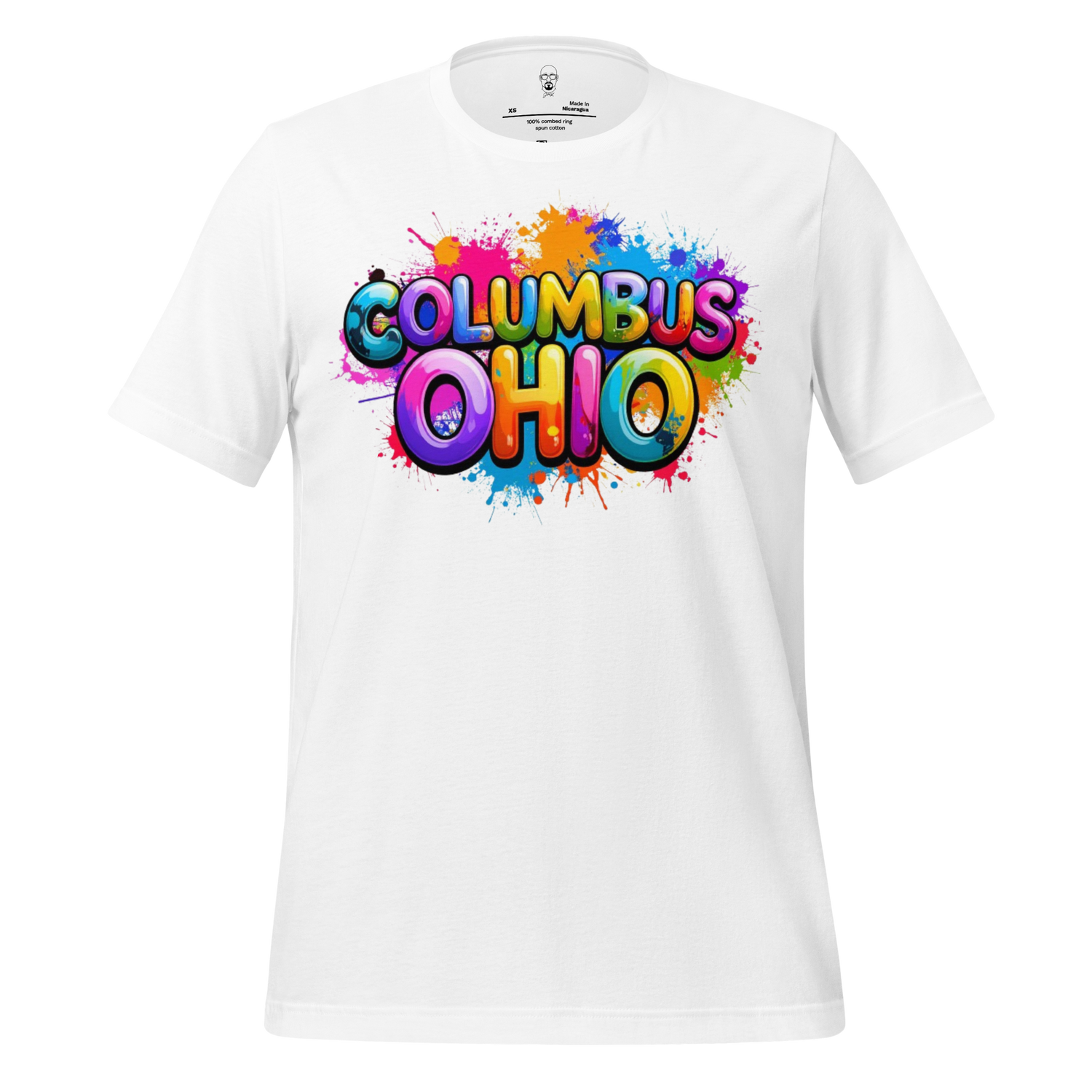 White Columbus Ohio t-shirt with colorful splash and bold text design by JMK Drip